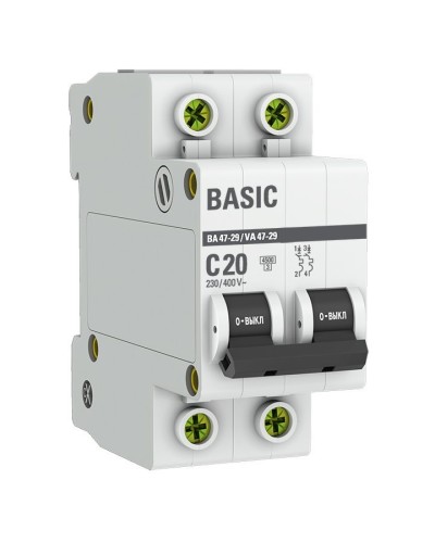 Автоматический выключатель 2P 20А (C) 4,5кА ВА 47-29 Basic (mcb4729-2-20C). Автоматический выключатель. EKF в Казани